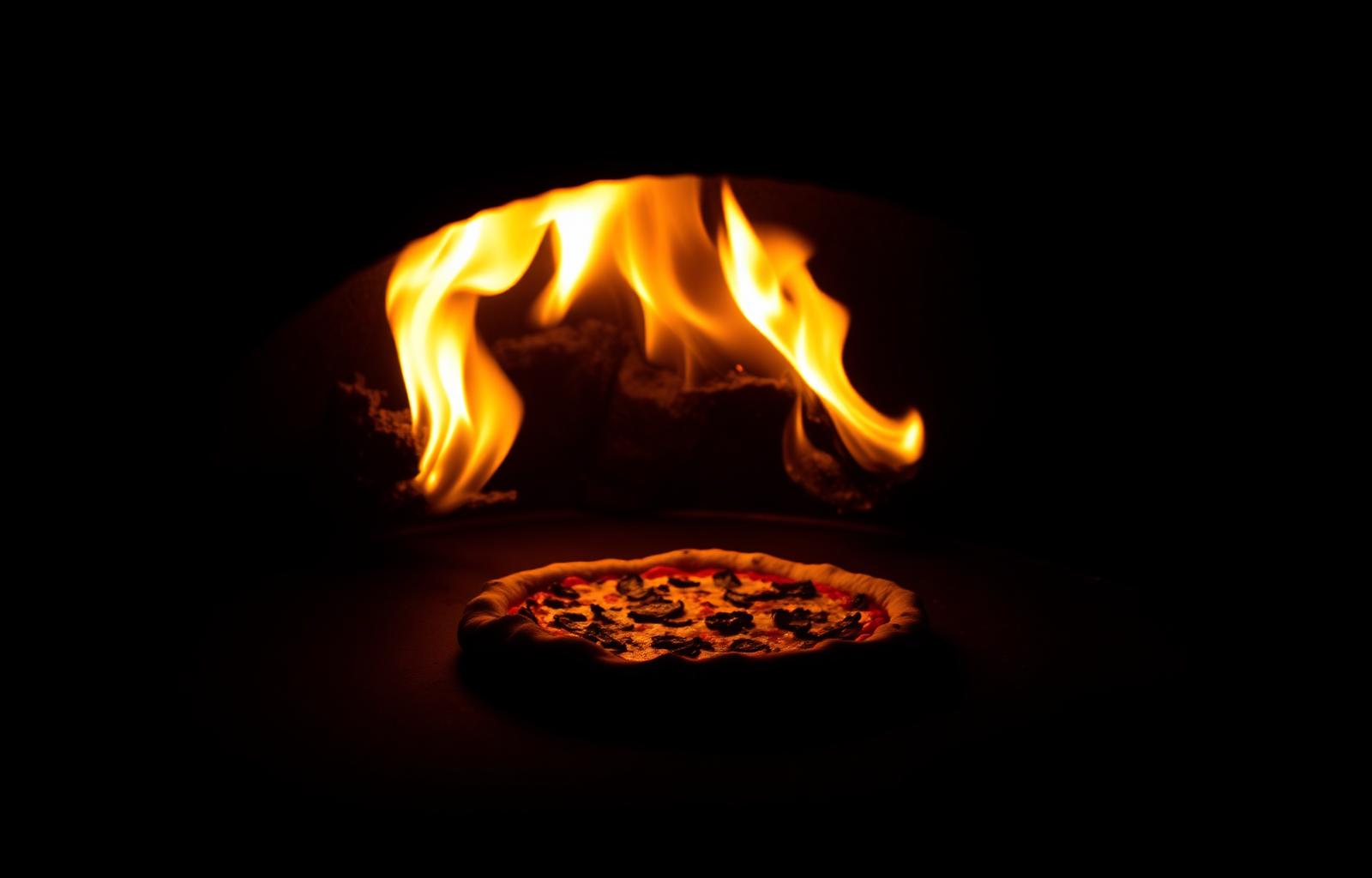 Wood-fired oven with flames
