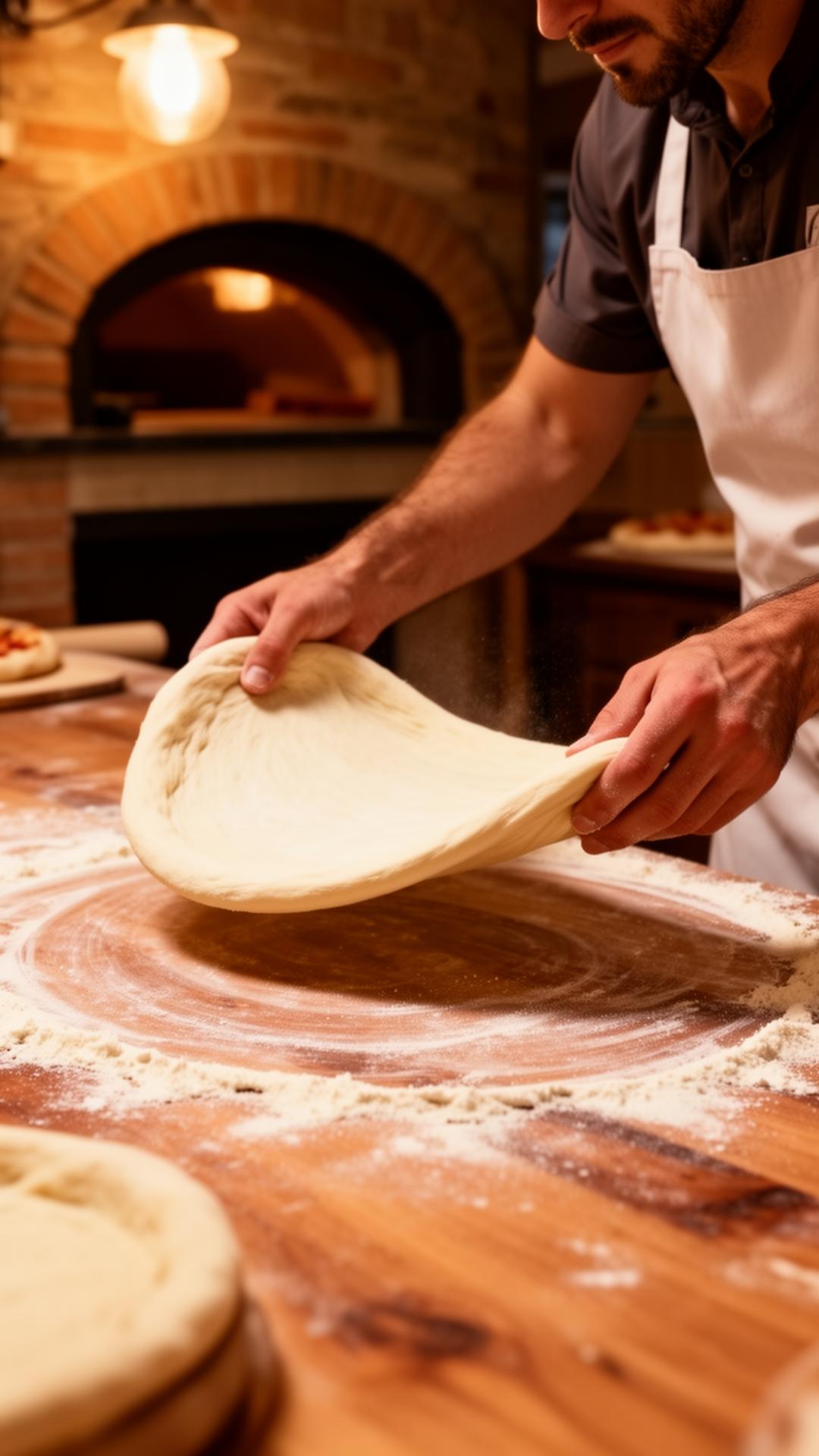 Pizzaiolo hands stretching dough